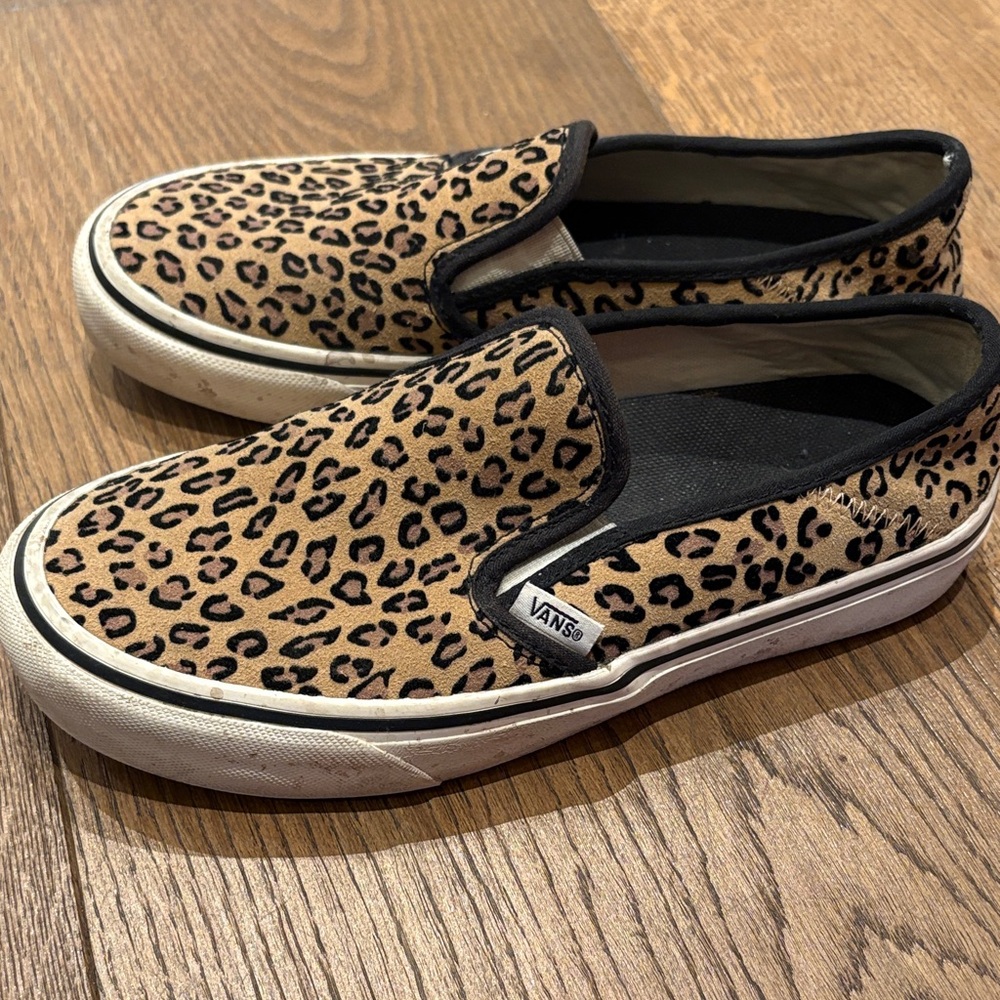 Vans Tan and Black Leopard Slip-Ons